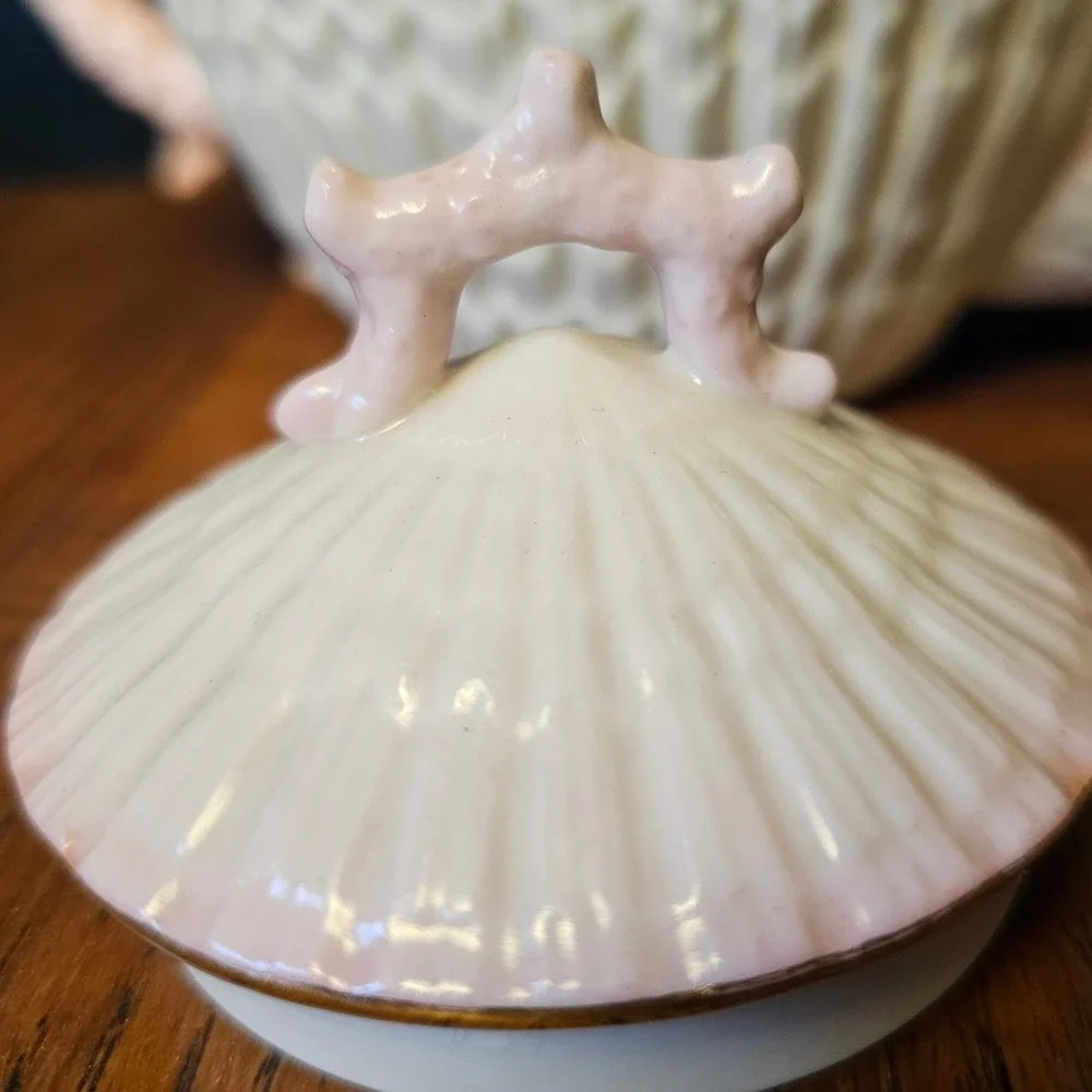 Belleek Ireland Neptune Teapot Pink Coral Handle Parian China Green Mark 0857